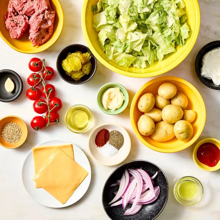 High-Protein Cheeseburger Salad, Cheeseburger Salad Recipe, Healthy Cheeseburger Salad, Protein-Packed Salad, Low-Carb Burger Bowl