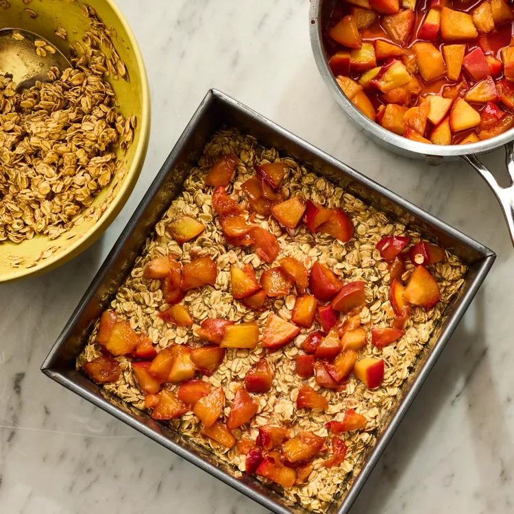 Peach oatmeal bars, Oatmeal breakfast bars, Healthy grab-and-go breakfast, Peach breakfast bars, Baked oatmeal bars